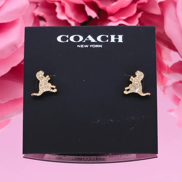 Coach Earrings Gold Tone Pave Crystal Rexi Stud Earrings Dinosaur Classic Glam - Picture 1 of 3